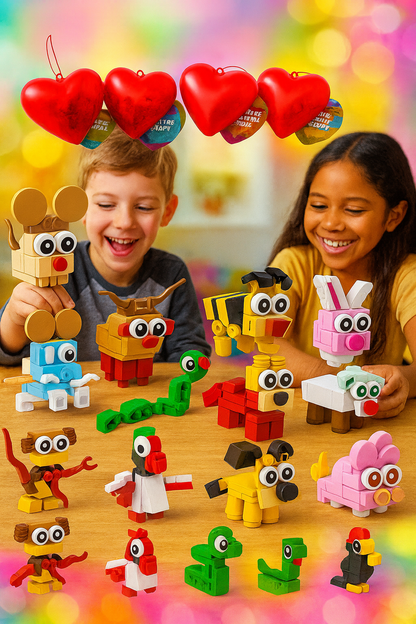 Tarjetas de San Valentín con Bloques de Animales | 24/26/28 Piezas | Cajas de Corazón + Notas de Amor | Ideal para Niños y Clases