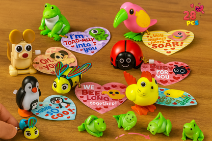 Tarjetas de San Valentín con Bloques de Animales | 24/26/28 Piezas | Cajas de Corazón + Notas de Amor | Ideal para Niños y Clases