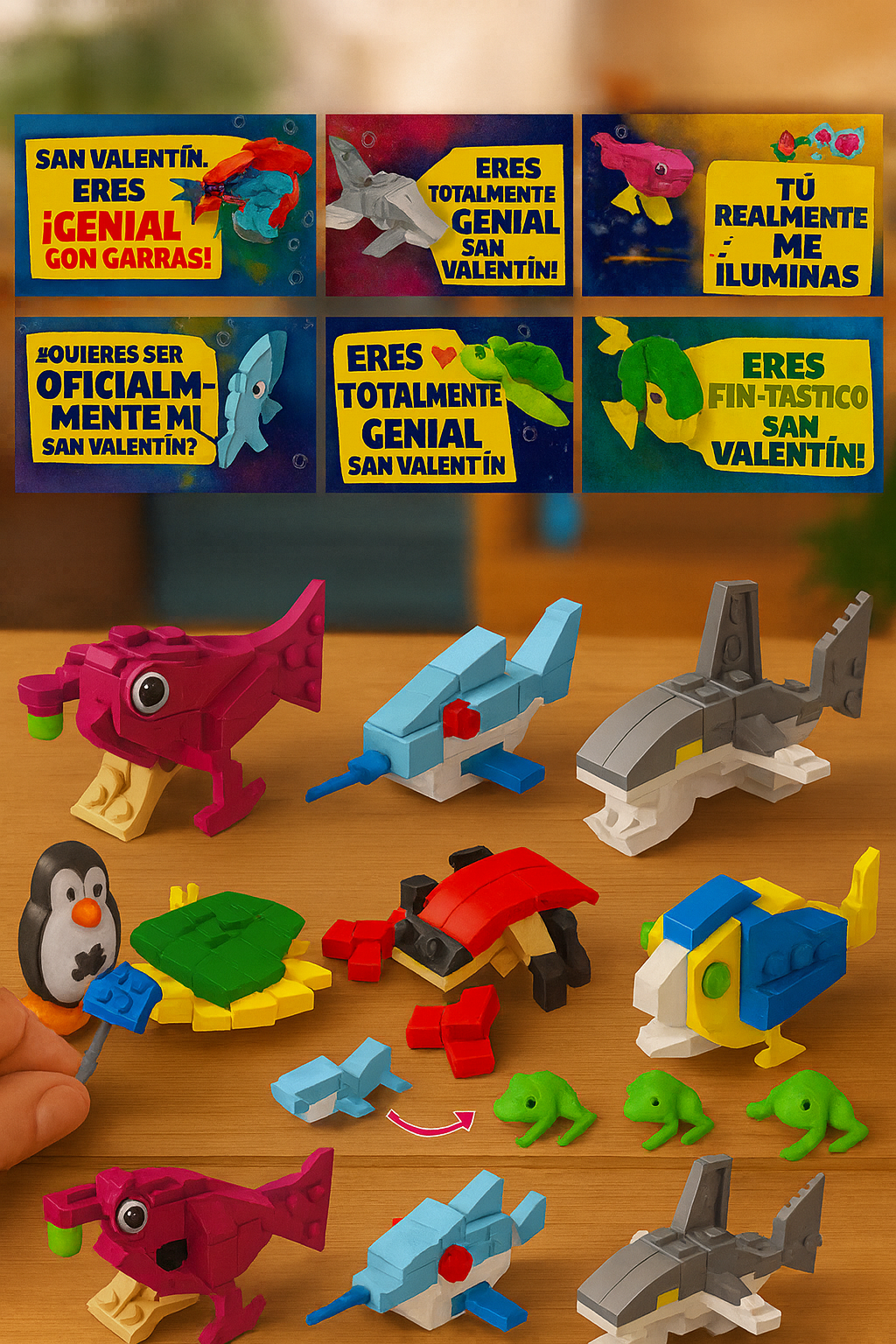 Tarjetas de San Valentín con Bloques de Animales | 24/26/28 Piezas | Cajas de Corazón + Notas de Amor | Ideal para Niños y Clases
