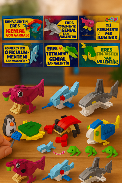 Tarjetas de San Valentín con Bloques de Animales | 24/26/28 Piezas | Cajas de Corazón + Notas de Amor | Ideal para Niños y Clases