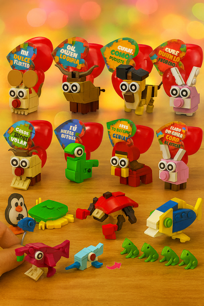 Tarjetas de San Valentín con Bloques de Animales | 24/26/28 Piezas | Cajas de Corazón + Notas de Amor | Ideal para Niños y Clases