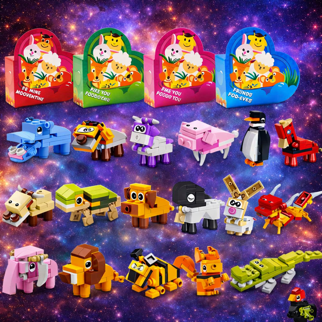 Tarjetas de San Valentín con Bloques de Animales | 24/26/28 Piezas | Cajas de Corazón + Notas de Amor | Ideal para Niños y Clases