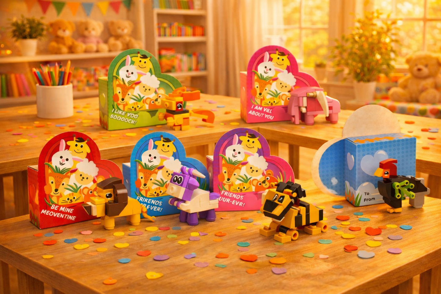 Tarjetas de San Valentín con Bloques de Animales | 24/26/28 Piezas | Cajas de Corazón + Notas de Amor | Ideal para Niños y Clases